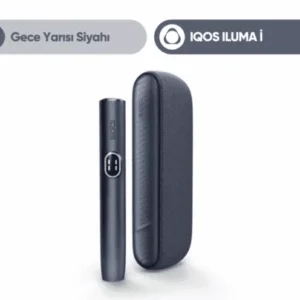 IQOS ILUMA Gece Yarısı Siyahı cihazı ve kutu içeriği görünümü.