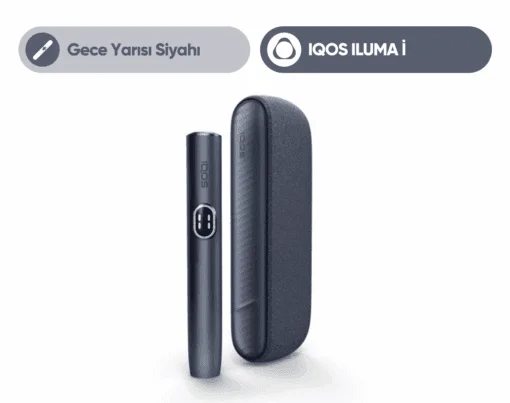 IQOS ILUMA Gece Yarısı Siyahı cihazı ve kutu içeriği görünümü.